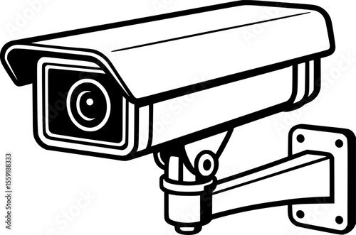 A simple, black and white, line art illustration of a security camera mounted on a wall.