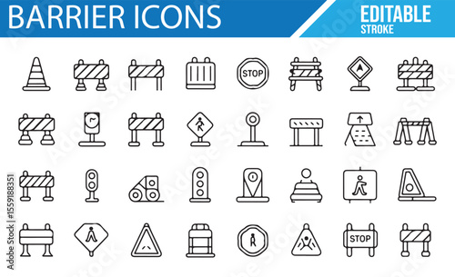 Road Work and Safety Icons Featuring Barriers, Roadblocks, and Warning Signals