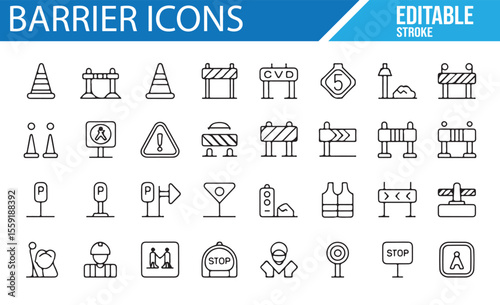 Traffic Control and Barrier Icons Featuring Cones, Road Signs, and Work Zones