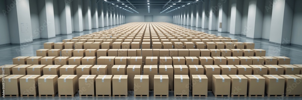Fototapeta premium Rows of boxes fill a vast warehouse, ready for shipping and distribution.