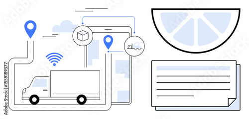 Delivery truck on a route with navigation pins, wireless signals, tablet interface, cargo box, and paperwork. Ideal for logistics, tracking, navigation, supply chain technology transportation