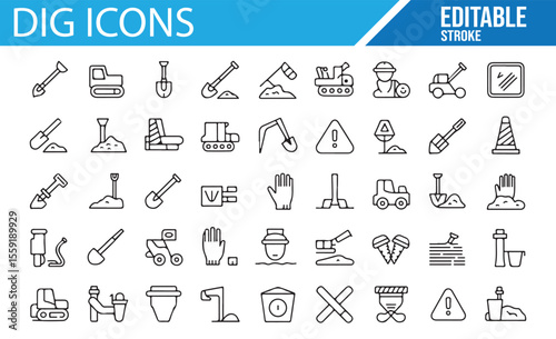 Digging and Construction Icons for Heavy Machinery, Tools, and Safety