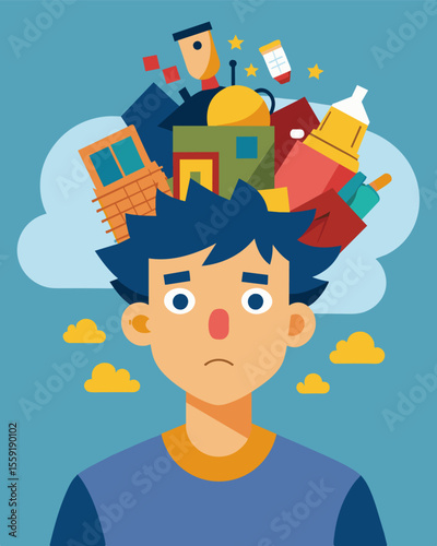 The persons head is a cluttered mess resembling a hoarders home overflowing with worries.. Vector illustration