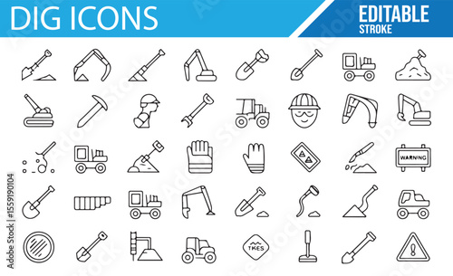 Construction and Digging Icons Featuring Shovels, Excavators, and Safety Signs