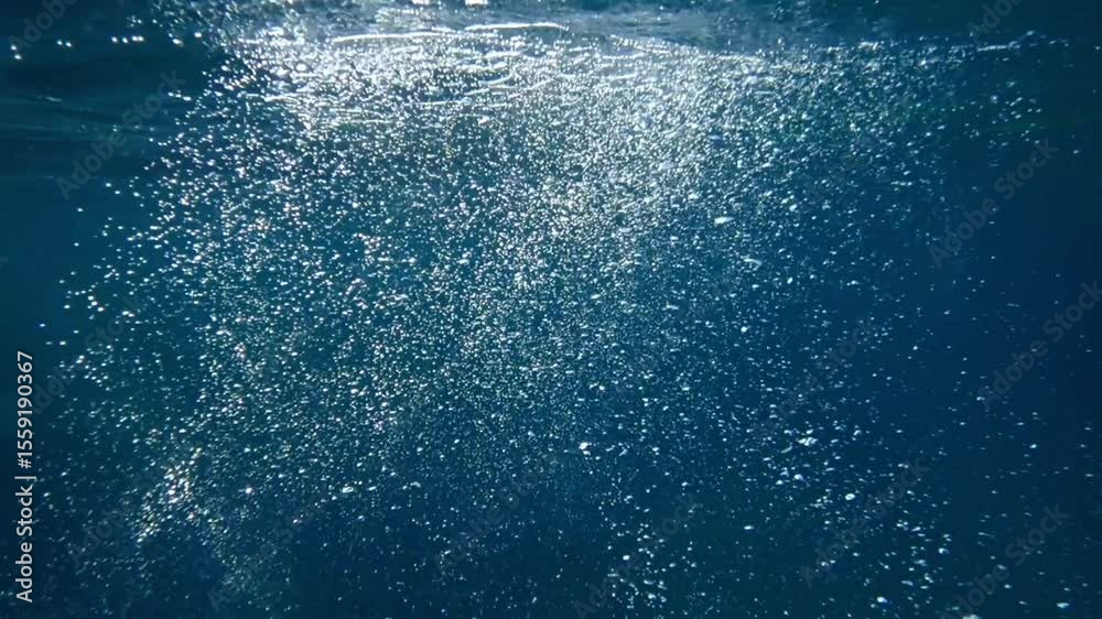 Air bubbles, Slow motion footage showcasing air bubbles gracefully ascending from the ocean floor to the water's surface,  Ideal for an abstract and serene natural background. underwater bubbles, sea.