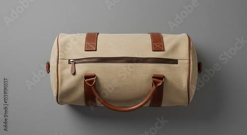 An elegant top-down, flat lay photograph of a classic canvas duffel bag, meticulously centered on a neutral grey background. 
