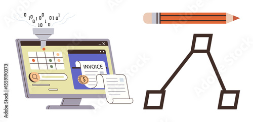 Computer screen displaying invoice and binary data funneling, pencil symbolizing planning, workflow diagram for process alignment. Ideal for finance, automation, planning, design, visualization