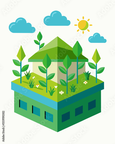 A green roof system that utilizes plants to naturally cool buildings and reduce the urban heat island effect.. Vector illustration