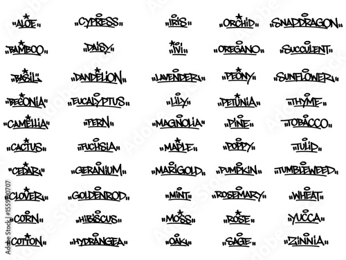 Vector graffiti tag of 50 popular plant names in green on black transparent background. Bold street art style perfect for botanical and urban design themes.