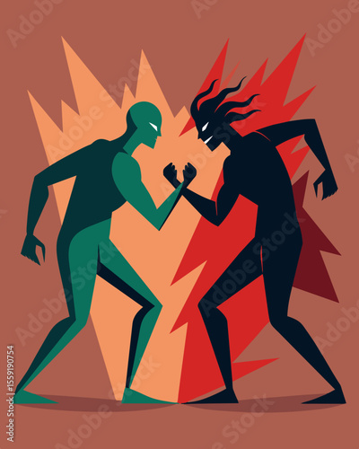 Two shadowy figures entangled in a fierce struggle representing the constant internal battle between logic and emotions.. Vector illustration