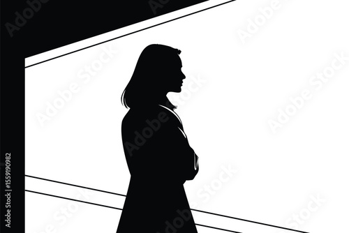 Woman silhouette in stylish standing pose with long hair, Female profile with arm raised isolated on white
