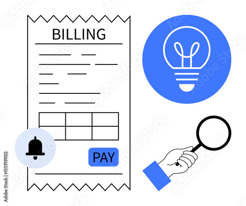 Billing receipt with payment button, glowing light bulb, magnifying glass, notification bell. Ideal for finance, innovation, productivity, research, payment systems digital tools simple landing