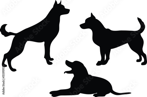 Black silhouette vector of three dog breeds in different poses, Standing, sitting, and resting dogs in minimal icon style