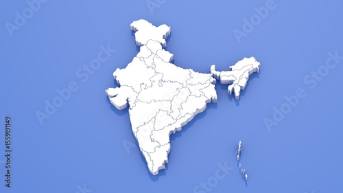 3D Render of India Map with State Borders on Blue Background