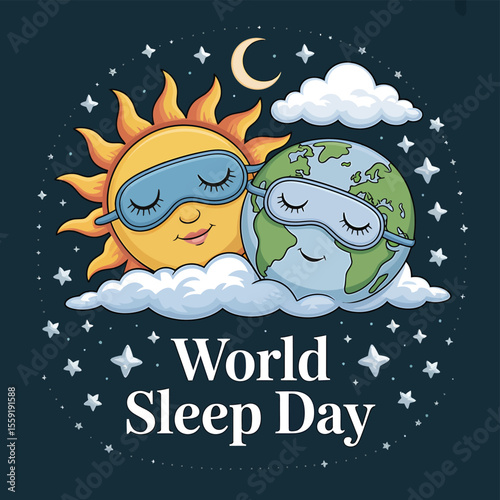 World sleep day illustration with sun and earth wearing sleeping masks for a restful night of sleep