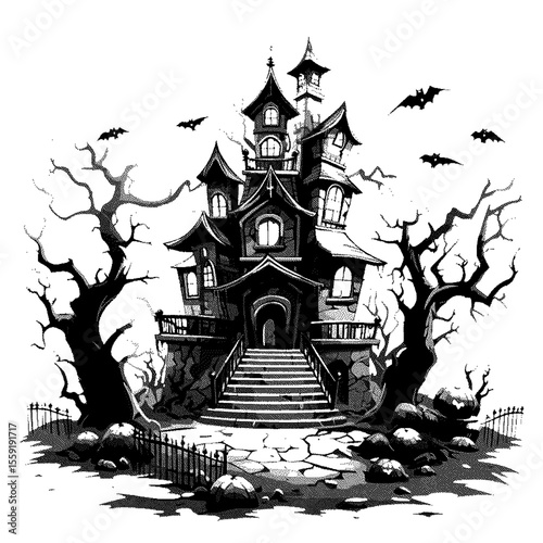 Spooky haunted house with bats and trees on transparent background silhouette