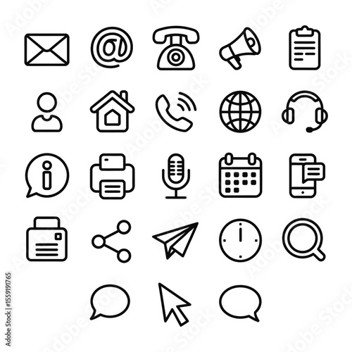 communication and media line icons in minimalist black and white grid layout