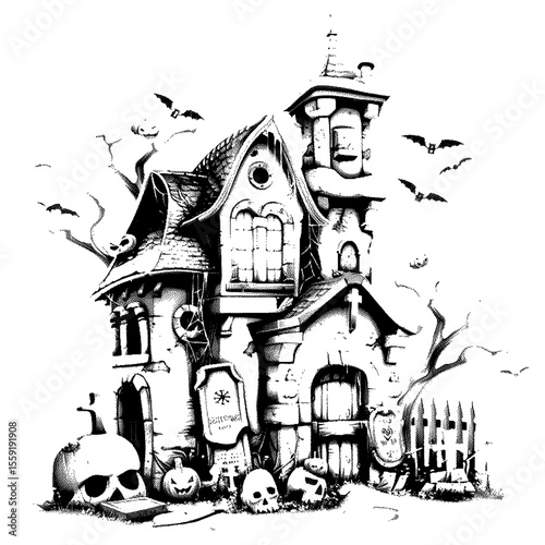 A spooky haunted house illustration art on transparent background silhouette