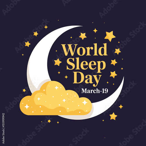 World sleep day march nineteenth crescent moon stars and cloud for healthy sleep awareness campaign