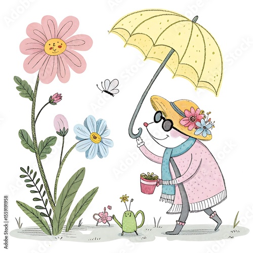 Whimsical Pastel Flower Stickers with Teapot, Sun Hat, Umbrella, Scarf, Sunglasses, and Necklace