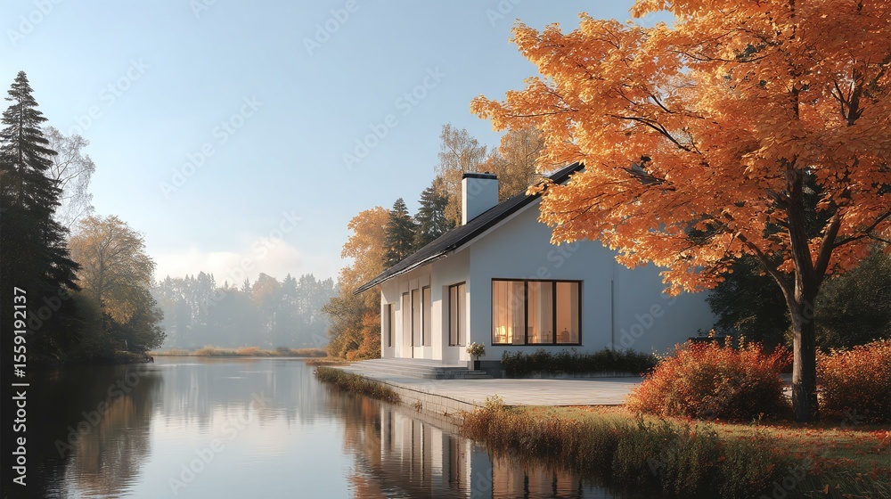 Obraz premium Autumn Lakeside House Illustration