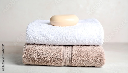Stacked towels and soap on soft beige background