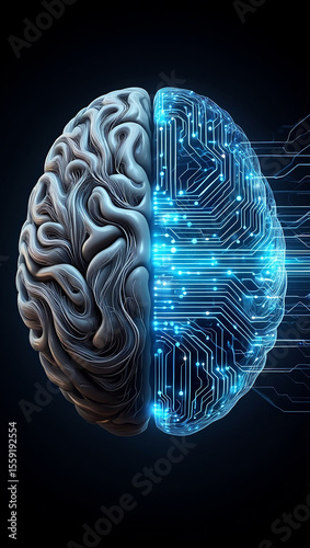 3D medical illustration of a human brain with intelligence and mind elements, showing anatomy and neurology through a blue abstract x-ray concept, AI generated