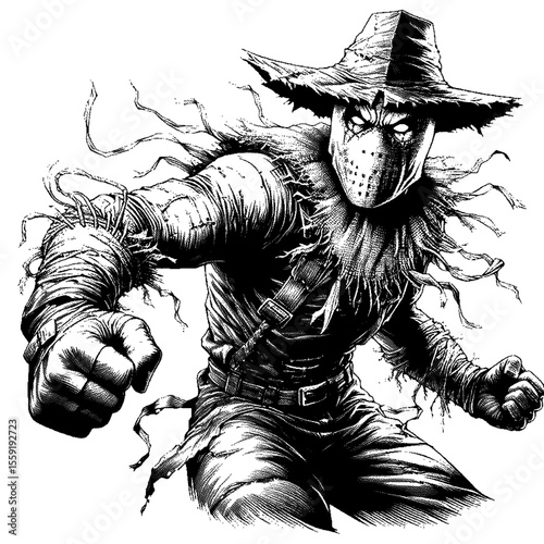 Scarecrow villain in black and white art on transparent background silhouette