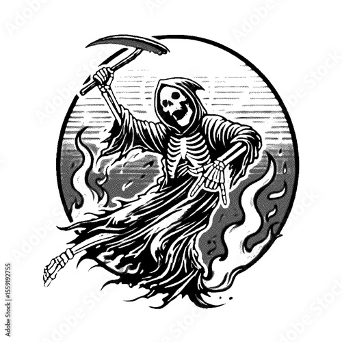 Grim reaper with scythe inside of circle on transparent background silhouette