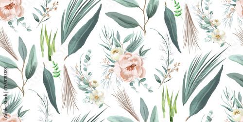 Fototapeta Naklejka Na Ścianę i Meble -  Elegant floral pattern featuring watercolor flowers, leaves and botanical elements