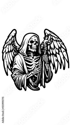 Grim reaper with wings and hooded cloak on transparent background silhouette