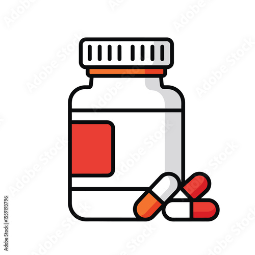 Medical pills and capsules spilling from a white prescription bottle