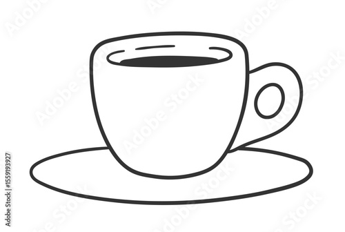 Vector minimal line art isolated illustration of a small coffee cup with saucer in black and white.