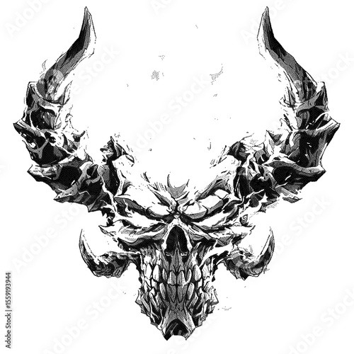 Detailed skull with horns black and white on transparent background silhouette