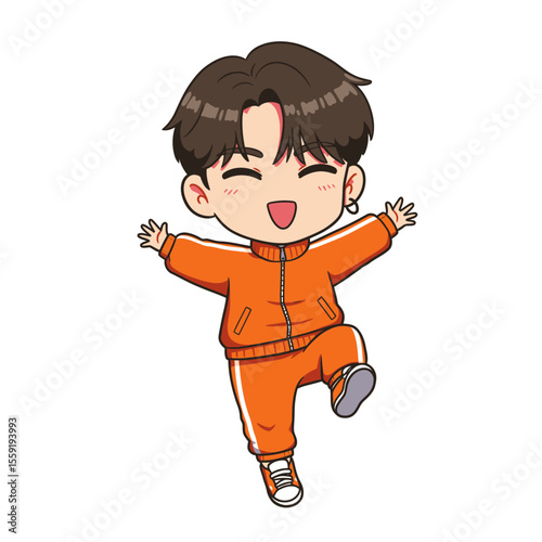 Chibi Boy in Orange Tracksuit Jumping Happily - Editable Vector Art
