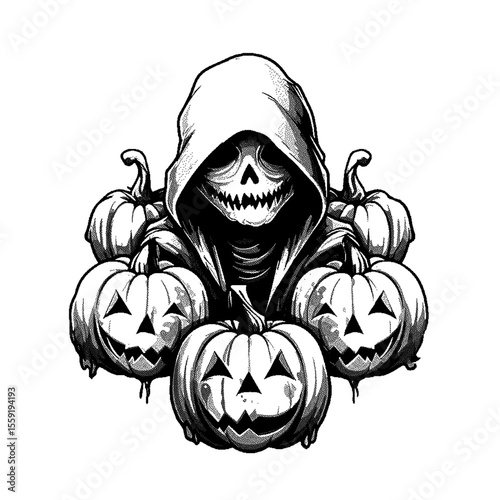 Grim reaper with pumpkins black and white on transparent background silhouette