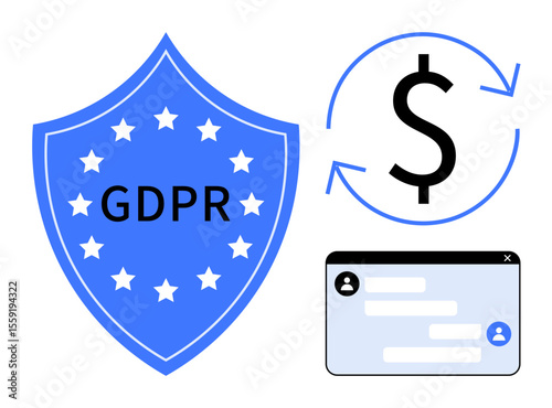 GDPR compliance shield with stars, dollar sign in a circular arrow cycle, and a user interface with messages. Ideal for privacy, data security, legal policies, communication, currency flow