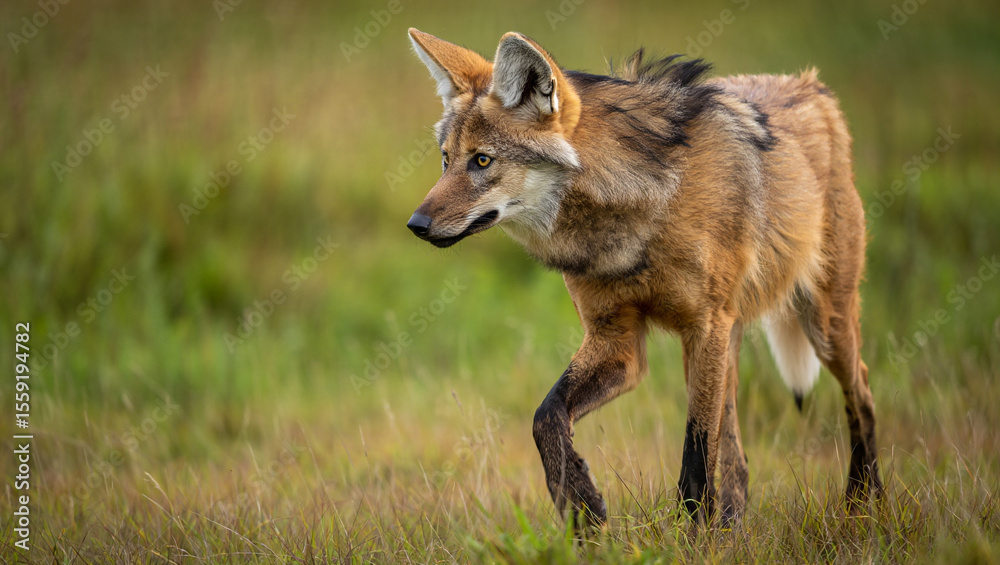 Fototapeta premium Maned wolf walking through grassy field canine wild animal
