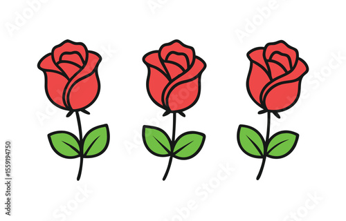 Set of red rose vector illustration on white background, colorful