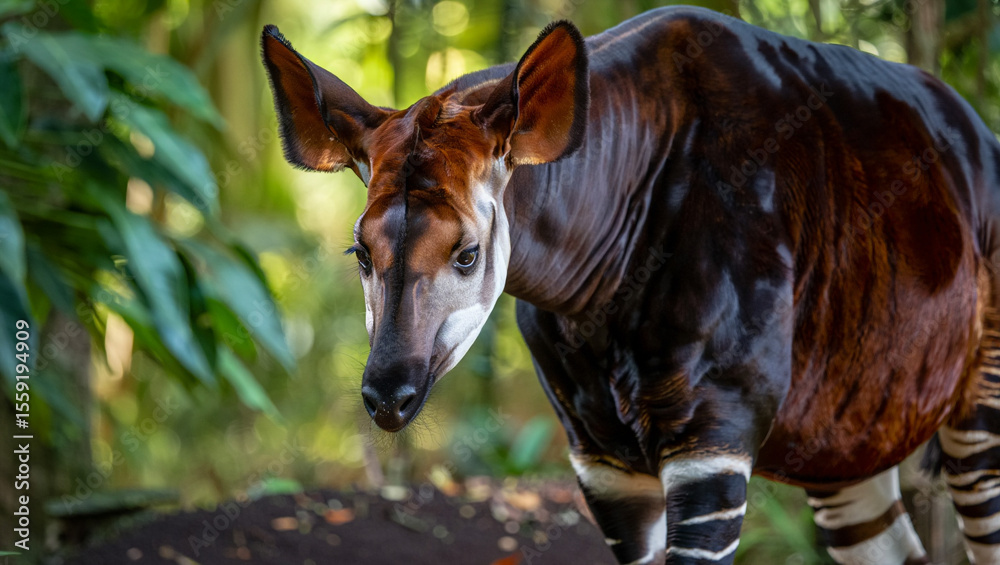 Naklejka premium Okapi with striking striped legs and patterned face