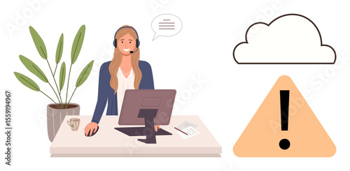 Woman wearing headset at desk assisting with cloud-related issues, warning sign and plant nearby. Ideal for customer support, cloud issues, tech troubleshooting, remote work, problem-solving