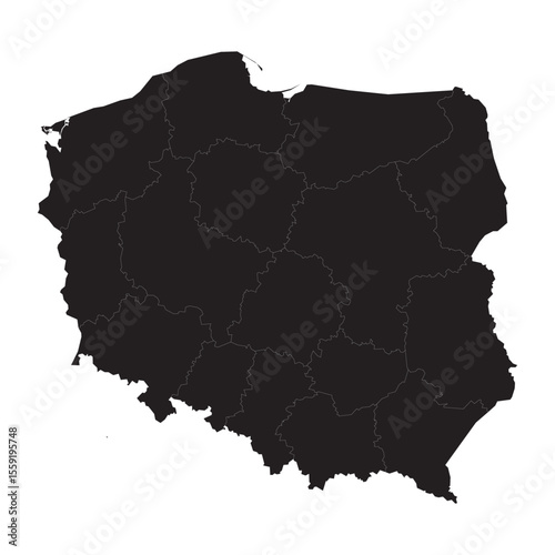 Political and geographical map of Poland with voivodeships, borders, cities, rivers, and terrain details

