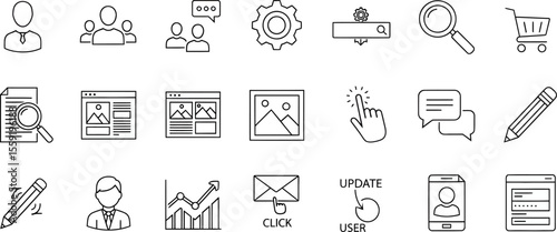 Collection of outline style business and web icons featuring user search and communication elements.