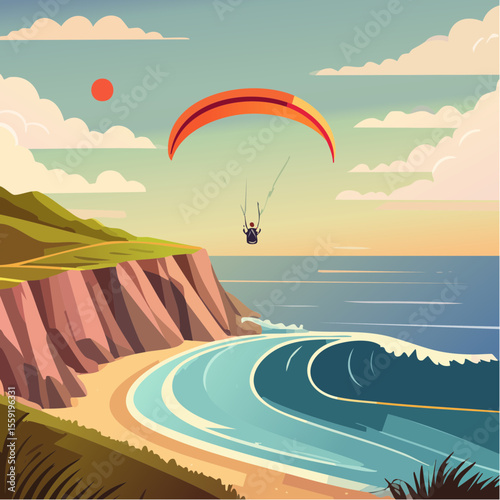 vector illustration of a paraglider soaring above a coastal cliff with ocean waves below