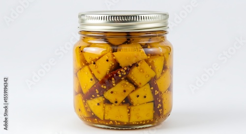 A sealed glass canning jar filled with delicious homemade Indian mango pickle, or 'achar', isolated on a clean white background. 