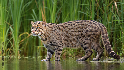 Fishing cat in water with green reeds wild cat feline