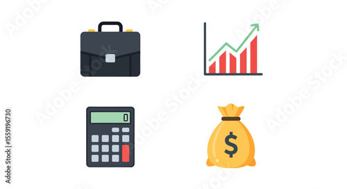 Financial icons briefcase rising graph calculator and money bag.