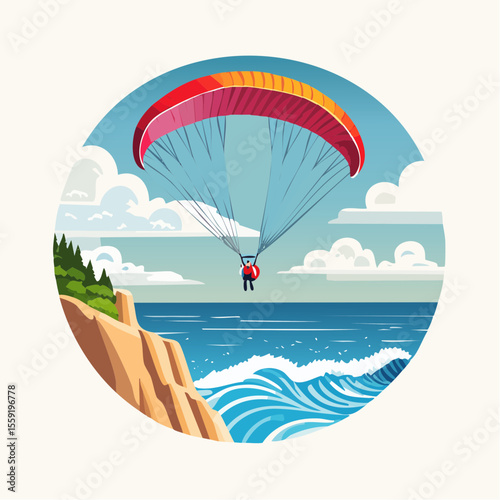 vector illustration of a paraglider soaring above a coastal cliff with ocean waves below