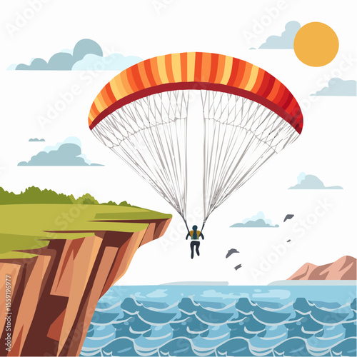 vector illustration of a paraglider soaring above a coastal cliff with ocean waves below