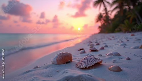 Sanibel Island sunrise. Seashells lie on white sand of beach bathed in soft light of rising sun. Pink, orange sky, calm ocean water. Tropical paradise atmosphere. Nature scene, calm morning.
